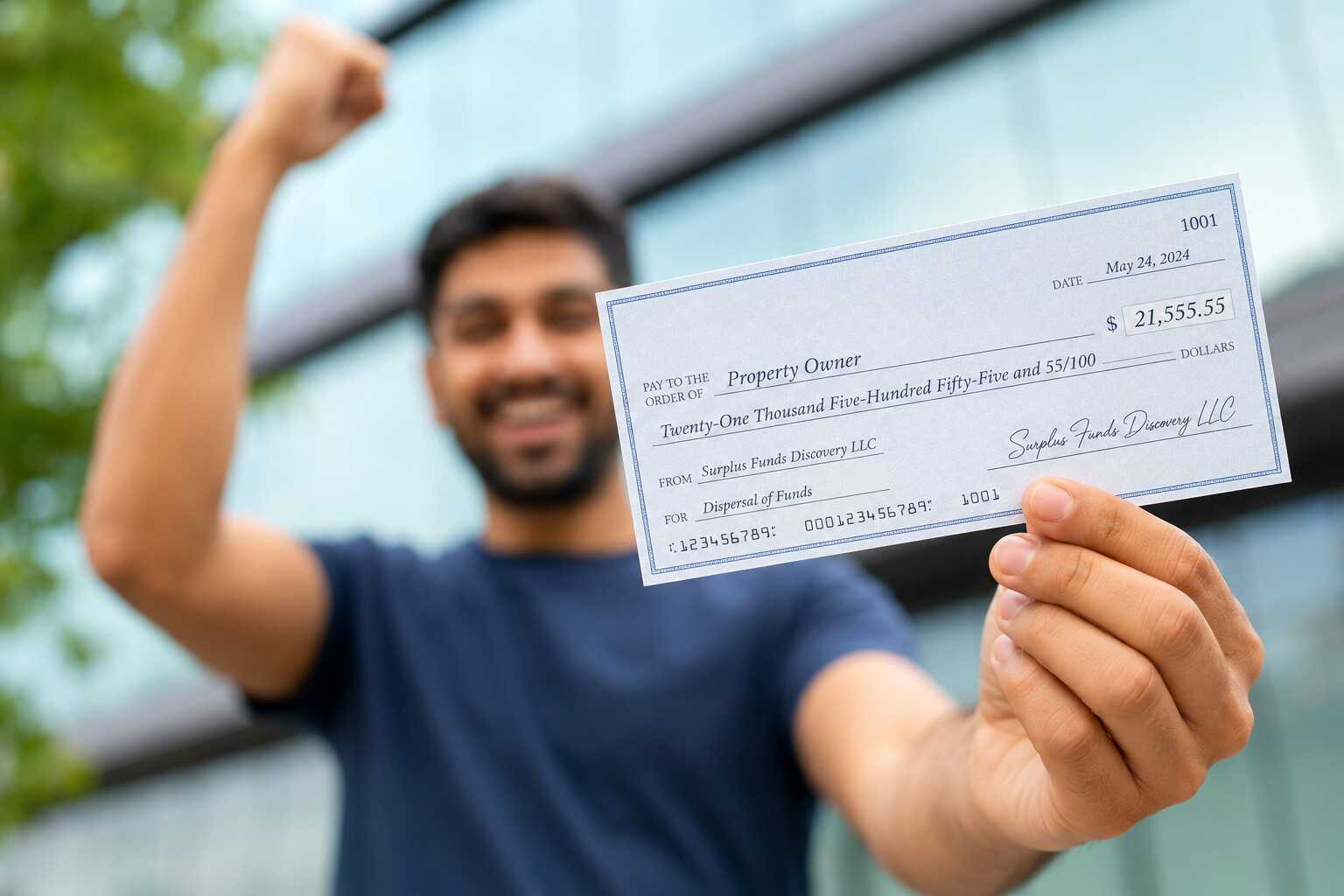 A recipient celebrating after receiving a surplus funds check from Surplus Funds Discovery